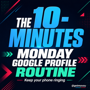 Bold dark graphic reading The 10-Minute Monday Google Profile Routine, Keep your phone ringing, in Movou brand colors