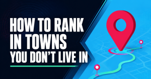 Bold split graphic reading How to Rank in Towns You Don't Live In in Movou brand colors
