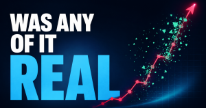Bold headline graphic reading Was Any Of It Real over a rising website traffic line on a dark navy background