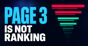 Bold graphic reading Page 3 Is Not Ranking in white and sky blue on a dark navy background