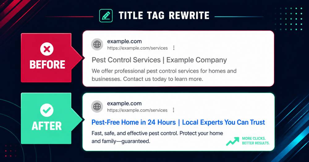 Before and after title tag comparison showing a keyword-first, benefit-driven rewrite