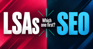 Bold split-screen graphic reading LSAs or SEO with the word FIRST highlighted in sky blue