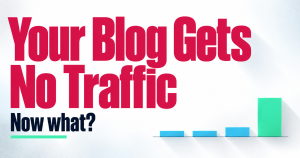 Light background graphic reading Your Blog Gets No Traffic with the word NOW in crimson