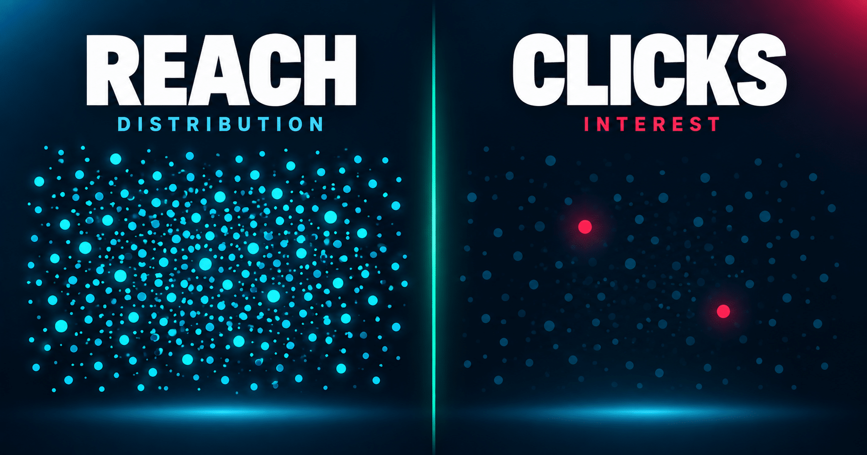 Clean comparison graphic showing reach on one side and clicks on the other, labeled distribution and interest